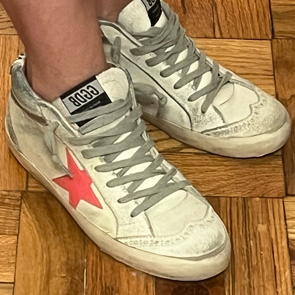 Golden Goose Mid Star Sneakers Sz 38 white with Neon Pink Star; gently used